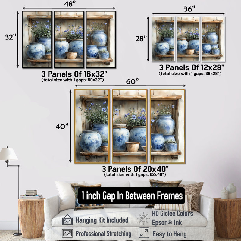 Floralies bleues à la ferme III - ensemble d'art mural Boho Pottery, Toile avec cadre flottant noir