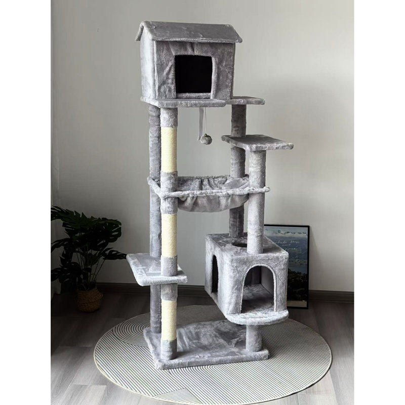 Arbre à chat gris multi-niveaux de 63 pouces à 5 niveaux offrant 5 niveaux, des poteaux à griffer, confortable et polyvalent pour les chats