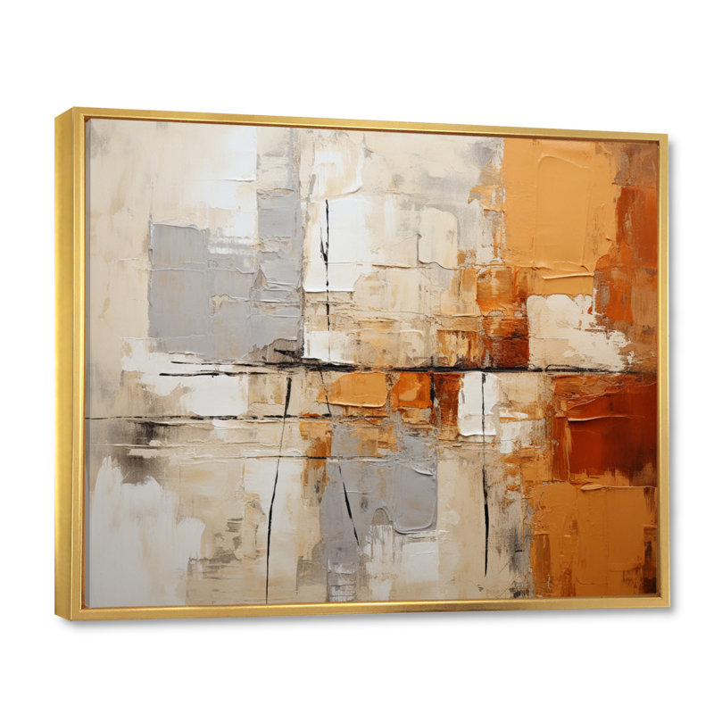 Gris, jaune, orange, impressions - Collages abstraits, art mural grand, H 24 po x l 32 po x P 1 po, Cadre flottant doré