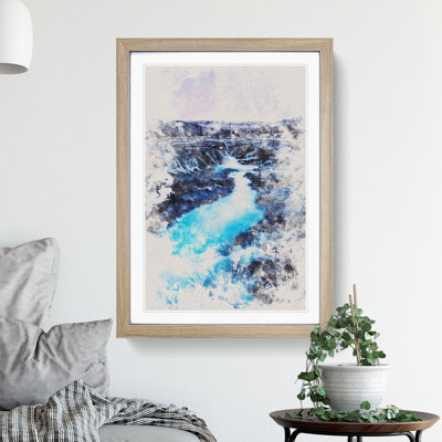 Winter Waterfall in Iceland Watercolour - Framed Print