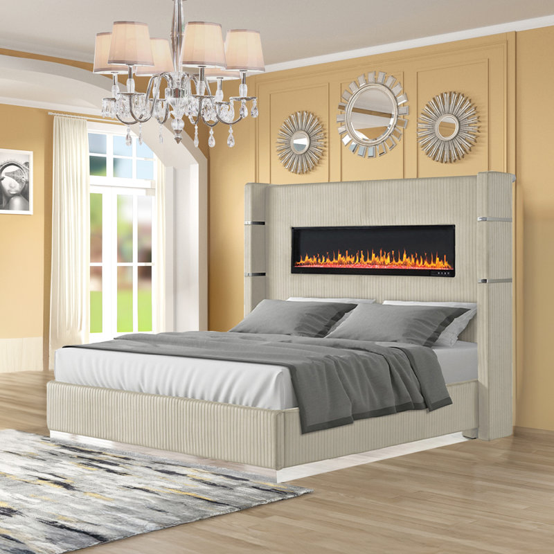 Ashray Upholstered Wingback 5 Piece Bedroom Set, Queen, Beige
