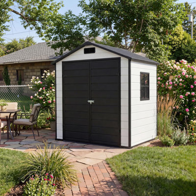 6x4 FT Plastic Resin Outdoor Storage Shed with Floor, Window, Sloping Roof and Lockable Door for Patio and Backyard Use