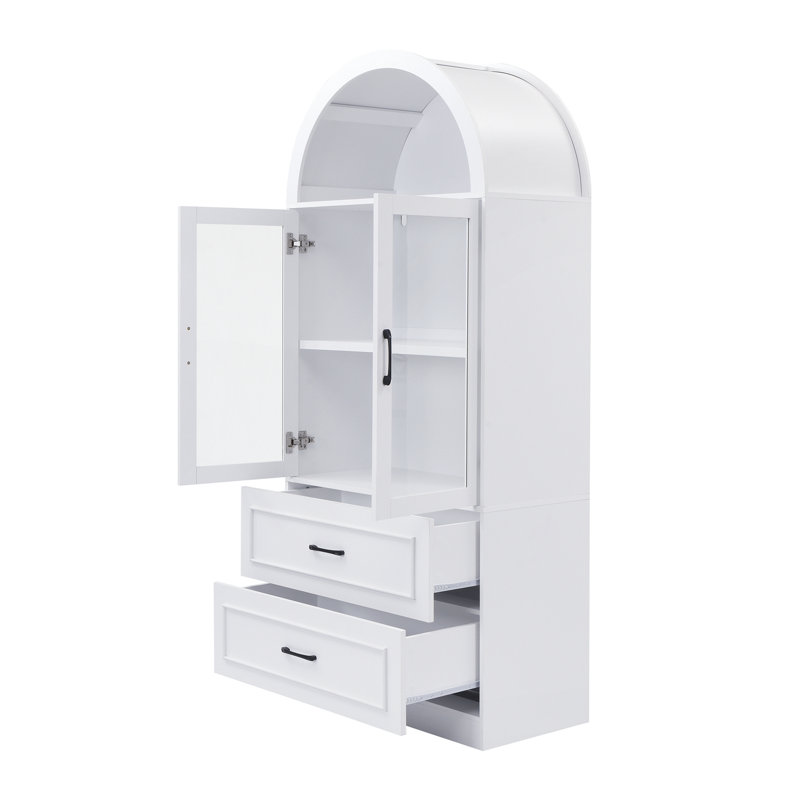 Armoire de rangement arquée avec portes en verre trempé et 2 grands tiroirs, White