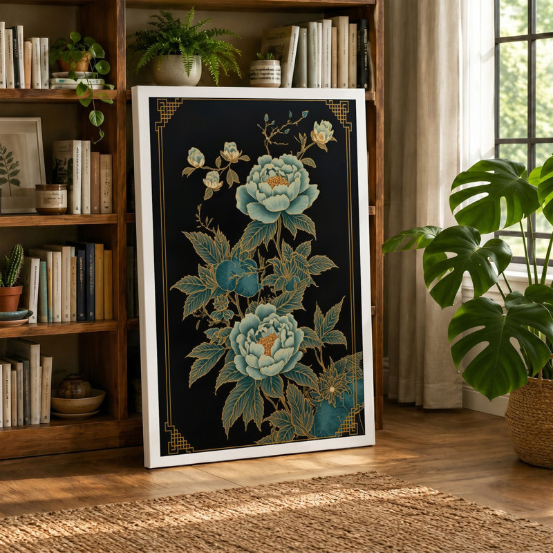 Peonies and Gold Botanical - Wrapped Canvas, 36x24 - 91.4 x 61.0 cm, White Border