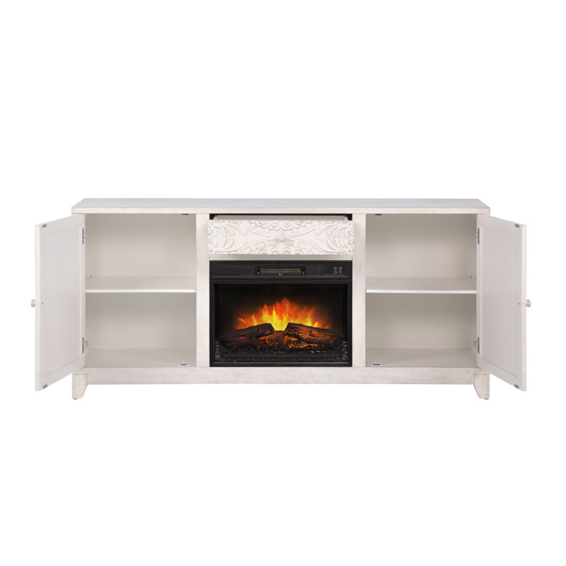 Dix Carved Mandela Electric Fireplace Console with Adjustable Shelf Storage White, White