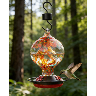 Hand Blown Glass Hummingbird Feeder With Ant Moat And Bee-Resistant Ports, 34 Ounce Capacity For Outdoor Hanging, Easy To Clean With Included Brush And Hook