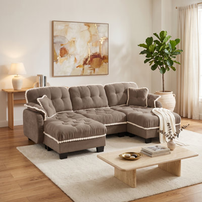 Green Chenille 3-Seat Sectional Sofa with 2 Movable Ottomans and Plush Tufted Cushions