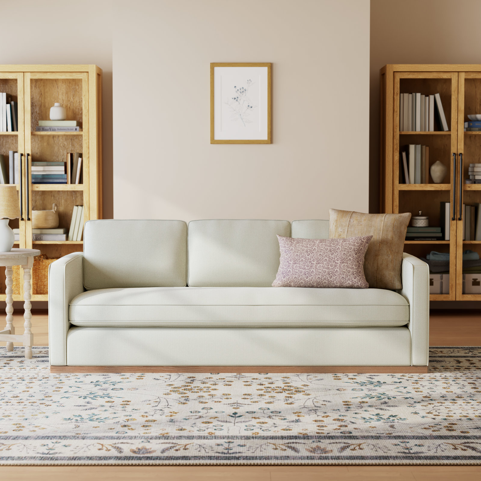 Bobbi 87'' Upholstered Sofa, Flanigan Beige Linen, Oak