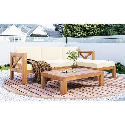 Canapé modulaire d'extérieur pour la cour arrière, 5, bois naturel, beige, matériaux aquatiques, bois franc pour loisirs, tissu