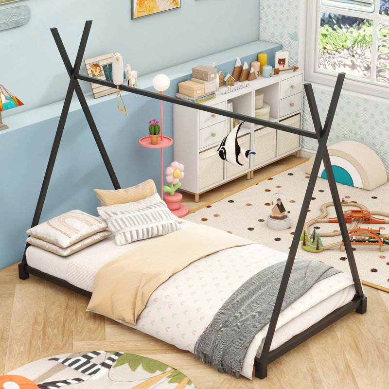 Metal House Platform Bed With Triangle Structure, Black