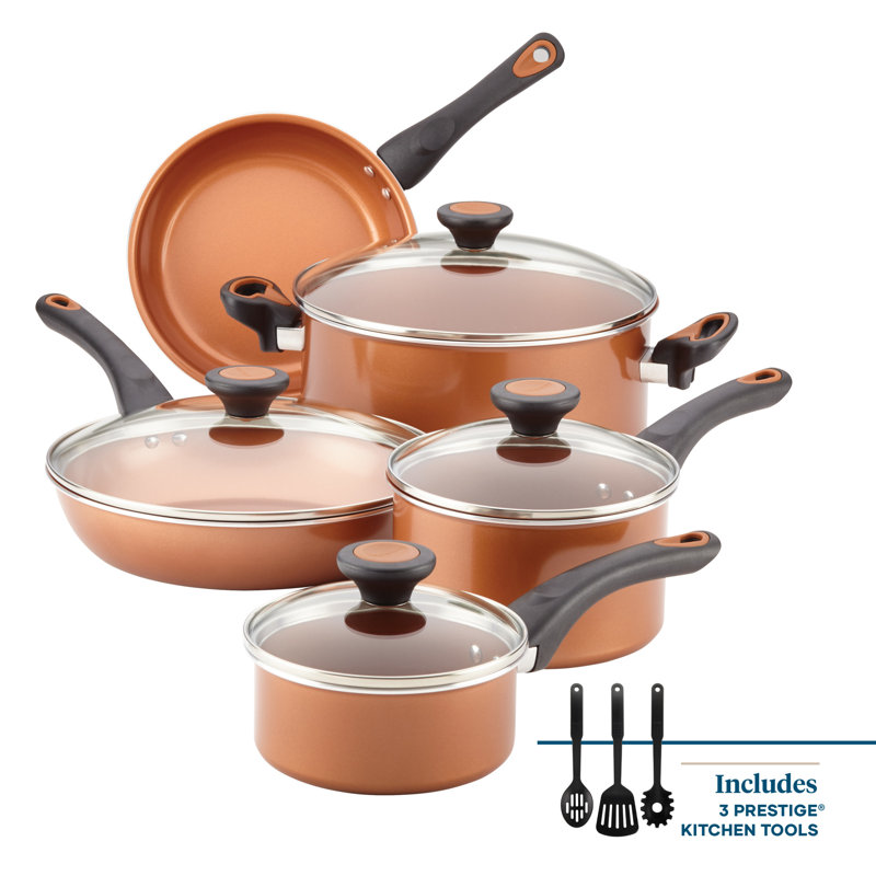 Farberware Glide Copper Ceramic Nonstick Cookware / Pots And Pans Set With Tools, 12 Piece, Black, Copper
