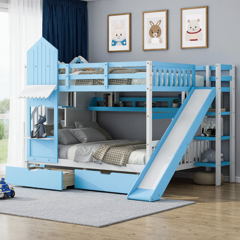 Lit mezzanine Enchanting, Bleu, Lit superposé double sur double