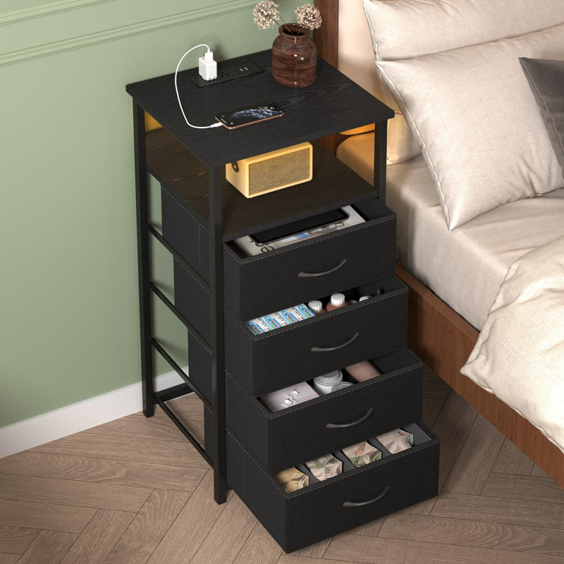Nightstand with Charging Station Side Table 4 Storage Drawers, Black