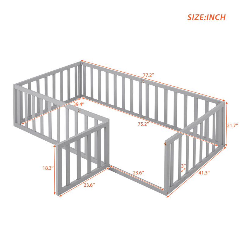 Wood Daybed Frame With Fence, Gray, Twin