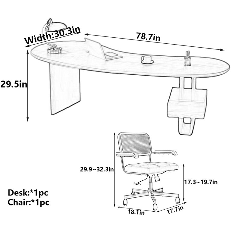 Solid Wood Free Form Computer Desk, 29.5" H x 78.7" W x 30.3" D, Black