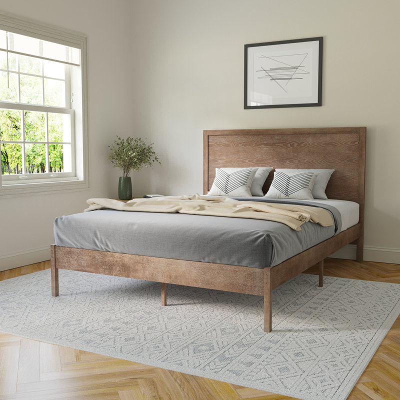 Eymen Modern Solid Wood Platform Bed with Wooden Slats and Headboard, Queen, Light Brown