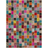 Tapis décoratif en laine noué à la main de conception unique 6 pi 7 po x 9 pi 6 po Bernace New Age rose/rouge/vert