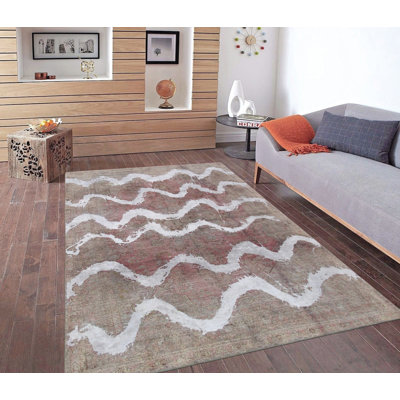 Tapis beige / blanc en laine rétro noué à la main