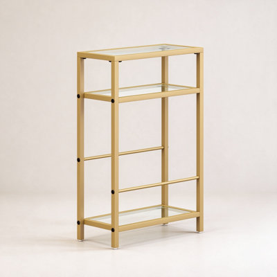 Gold Tone Slim 3 Tier Glass Side Table Multi Storage End Table for Entryway Bedroom