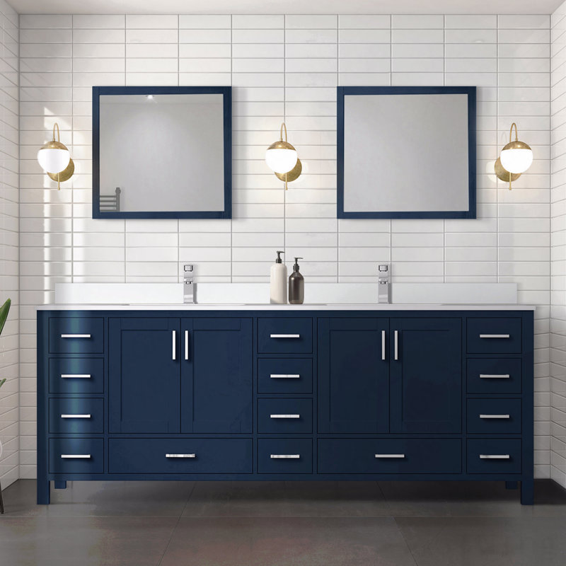 Meuble-lavabo double l 84 po x P 22 po avec comptoir en quartz blanc, 84", Bleu