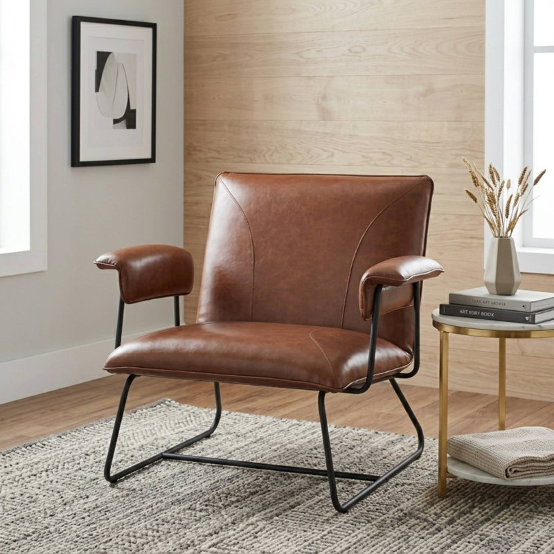 Klara Faux Leather Armchair with Metal Sled Base, Brown Faux Leather