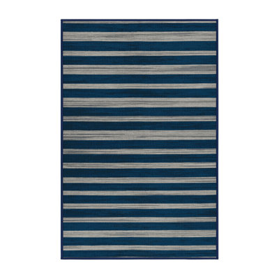 Washable Deep Blue Light Gray Striped Area Rug