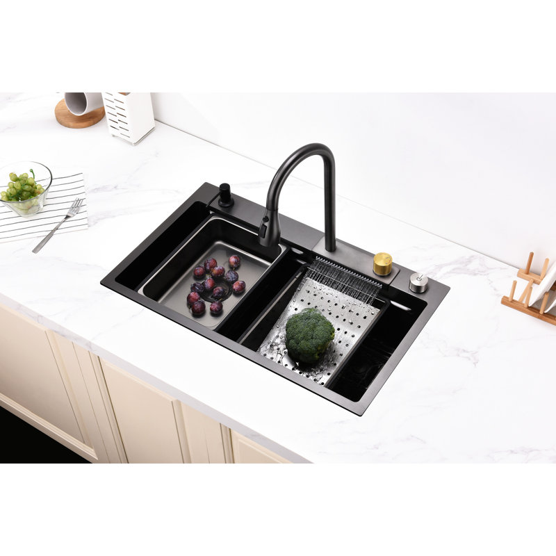 Lavabo de cuisine en acier inoxydable 304 - Évier à fente simple avec revêtement en pierre et lavage des légumes gris