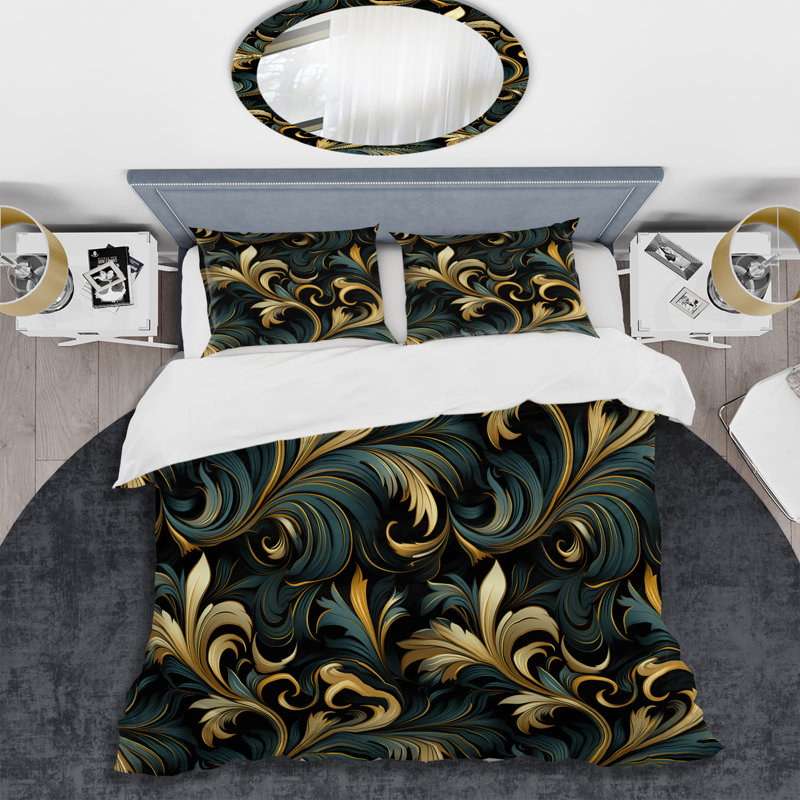 Ensemble de housse de couette Gold and Blue Luxury Damask Symphony IV, Housse de couette simple + 1 taie décorative stan