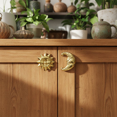 Ensemble de 2 boutons d'armoire Sun and Moon en laiton massif doré pour tiroirs, commodes et placards
