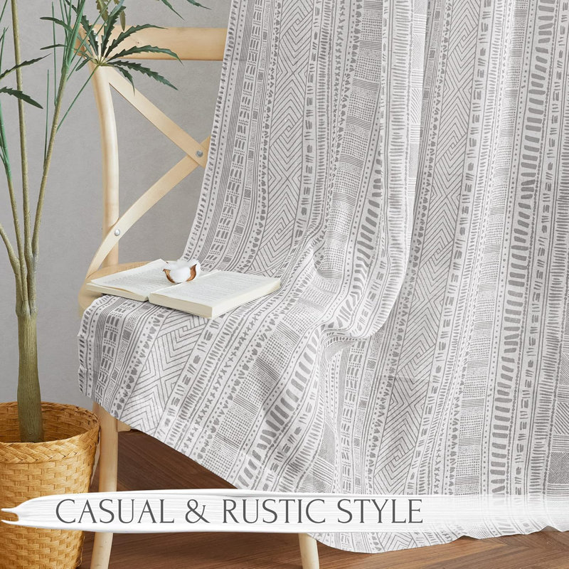  Boho Curtains for Living Room Flax Linen Sheer, Farmhouse Semi Sheer Curtains with Bohemian Stripe Pattern, Privacy Light Filtering Drapes for Bedroom/Dining Room, 1 Pair