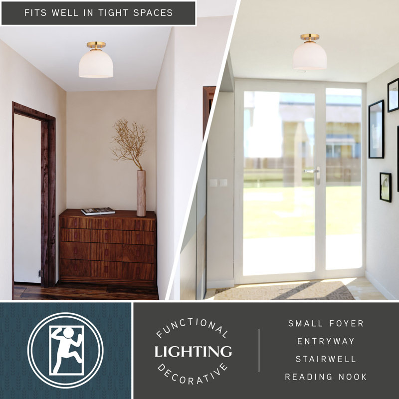 Shelby 9.25-Inch Brass and White Glass Semi-Flush Mount Light