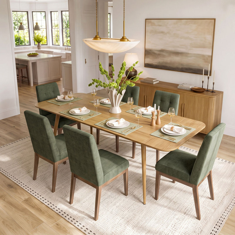 Ensemble de table de salle à manger pour 6 personnes avec table extensible et 6 chaises rembourrées en tissu, Vert