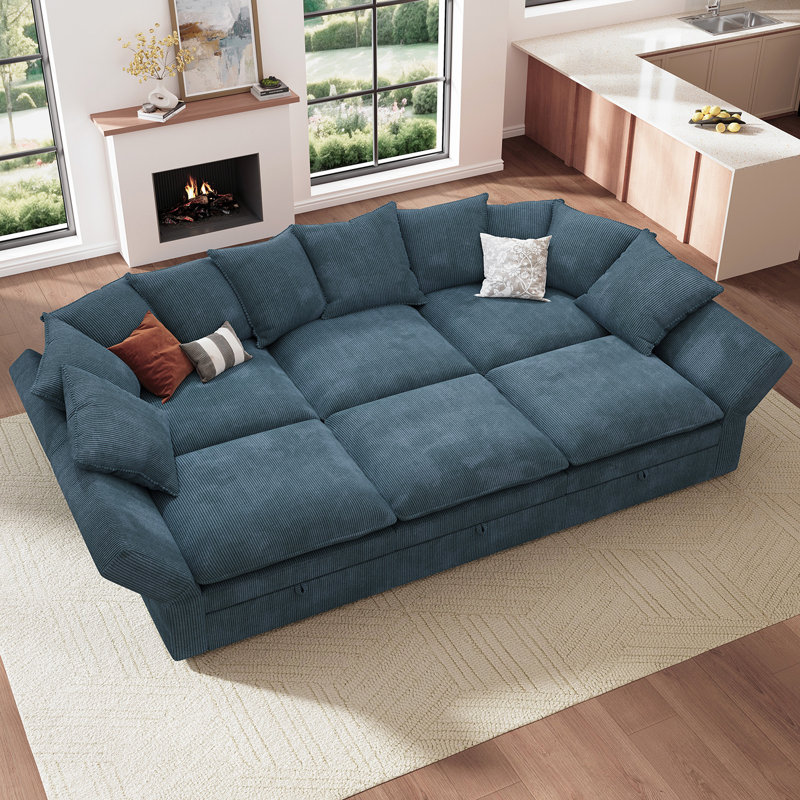 Modular Storage Sleeper Cloud Sofa Upholstered Corduroy Sectional Couch, Blue Corduroy 