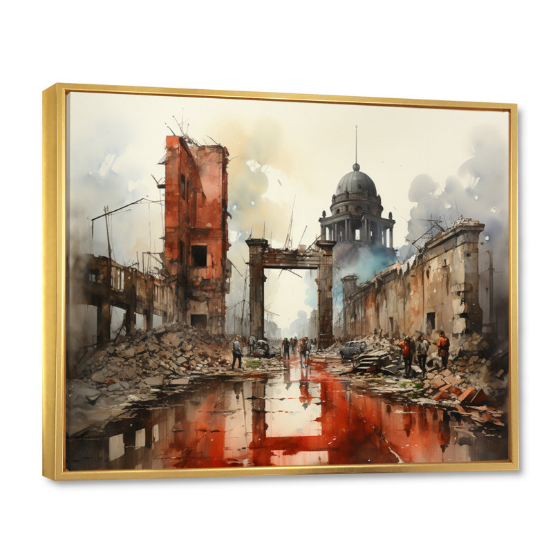 La chute du mur de Berlin II sur toile, Cadre flottant doré, H 30 po x l 40 po x P 1,5 po