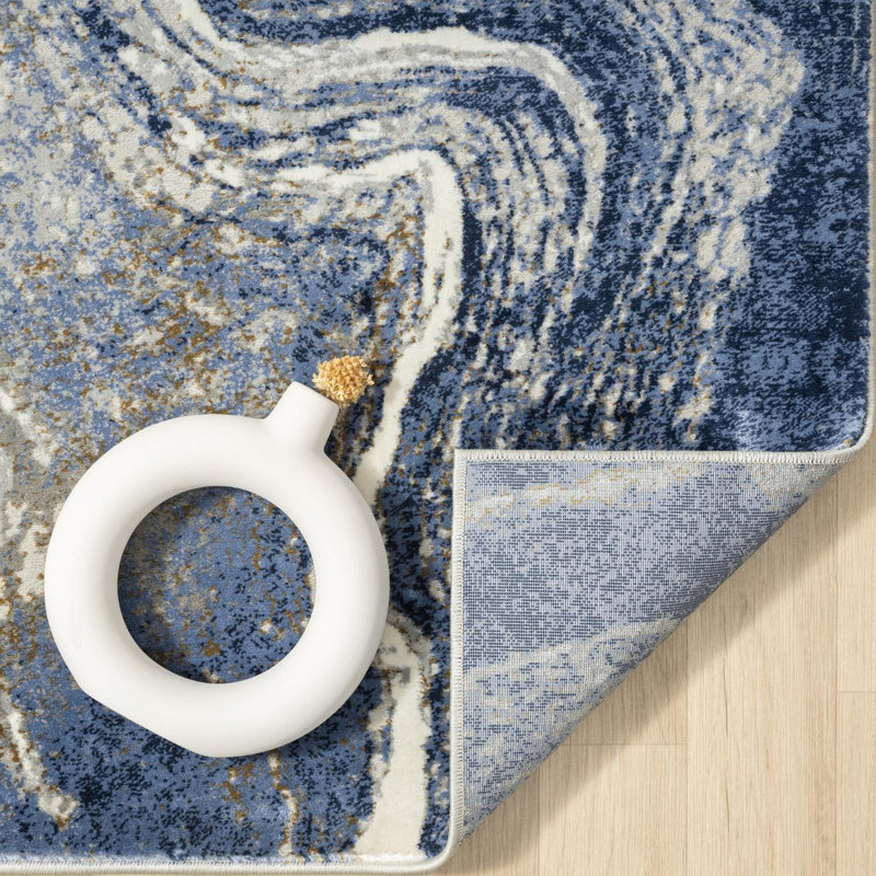 Marble Abstract Blue/Gold Area Rug, Rectangle 7'4" x 10'2"