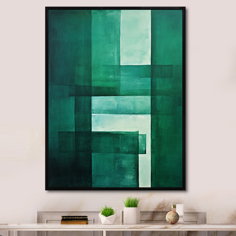 «Green Cubic Line», art déco sur toile, Cadre flottant noir, 20" H x 12" W