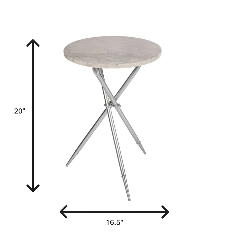 Steele Foldable Marble End Table – 16.5" Round White Marble Top with Silver Metal Base, Silver