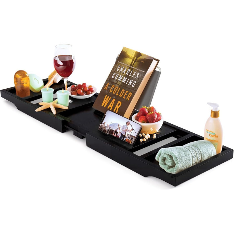 Bamboo Bath Tray Extendable Bath Caddy for Bathtub Accessories, Black