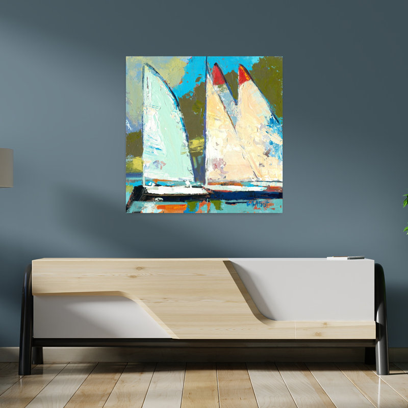 Quatre voiliers, paysage côtier abstrait, H 36 po x l 36 po