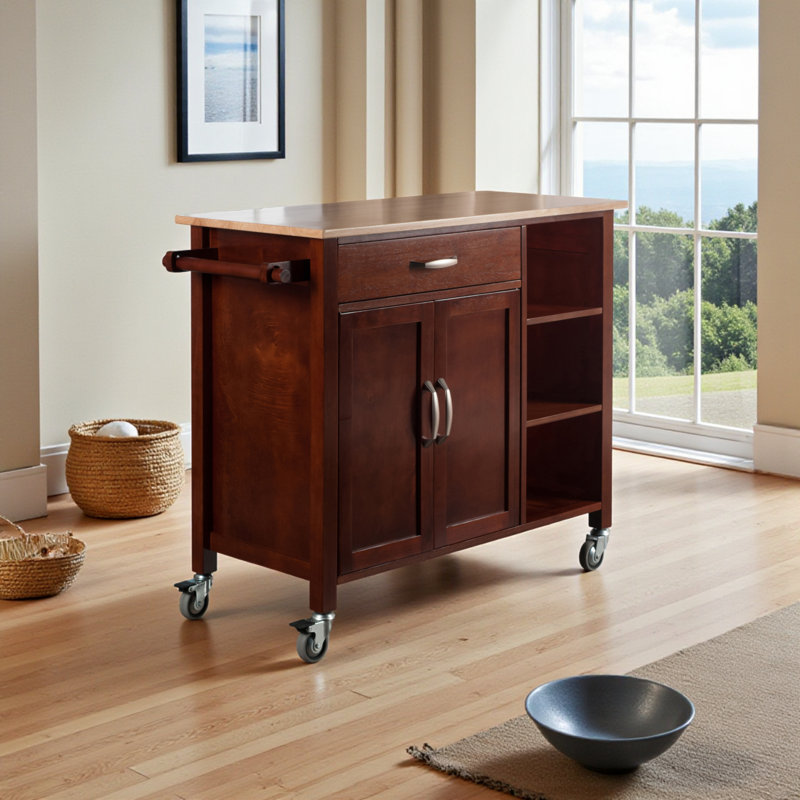 Mabel Utility Cart with Wheels and Open Shelves in Walnut & Natural, 35.30" H X 39.30" W X 18.80" D