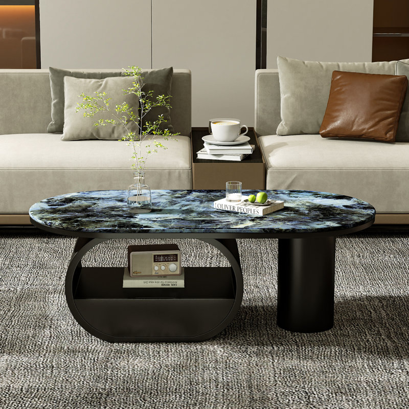 47.4”Contemporary Oval Coffee Table With Glossy Sintered Stone Top，Black Base and Drawer For Living Room, Blue