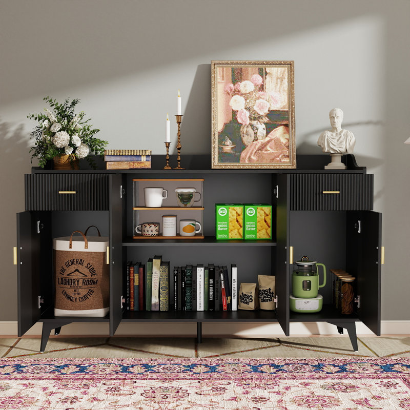 63" Sideboard Buffet, Modern 4 Doors Credenza Storage Cabinets with Adjustable Shelves