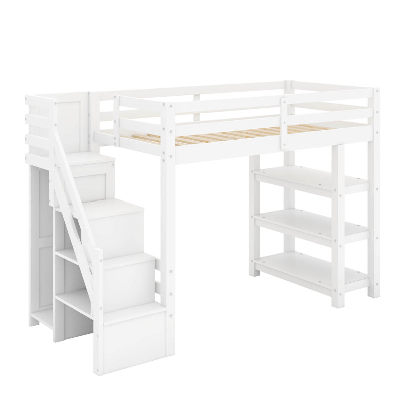 Loft Bed With Shelves, Storage Staircase, Small Wardrobe And White LED Light, 65" H x 95.8" W x 42.2" D