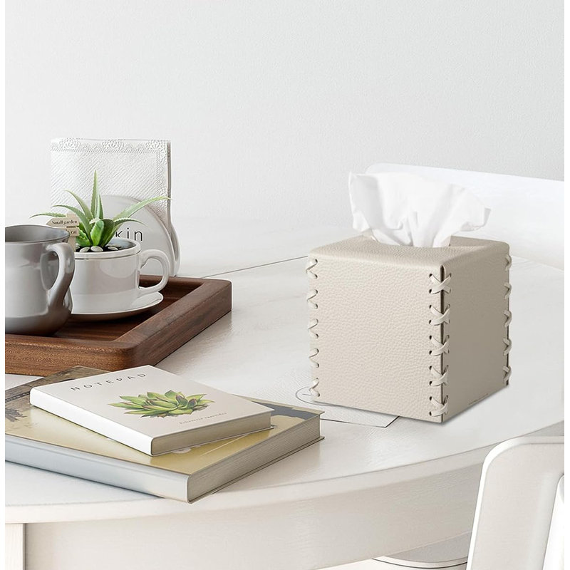 PU Leather Tissue Holder Square Decorative Home Decor Cube Boxes, Light Grey