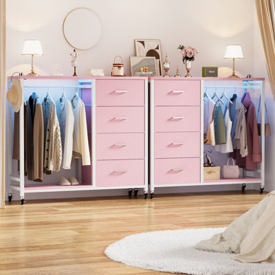 Nasin 4 Drawers Dresser with Clothes Rack, Charging Station and LED Lights