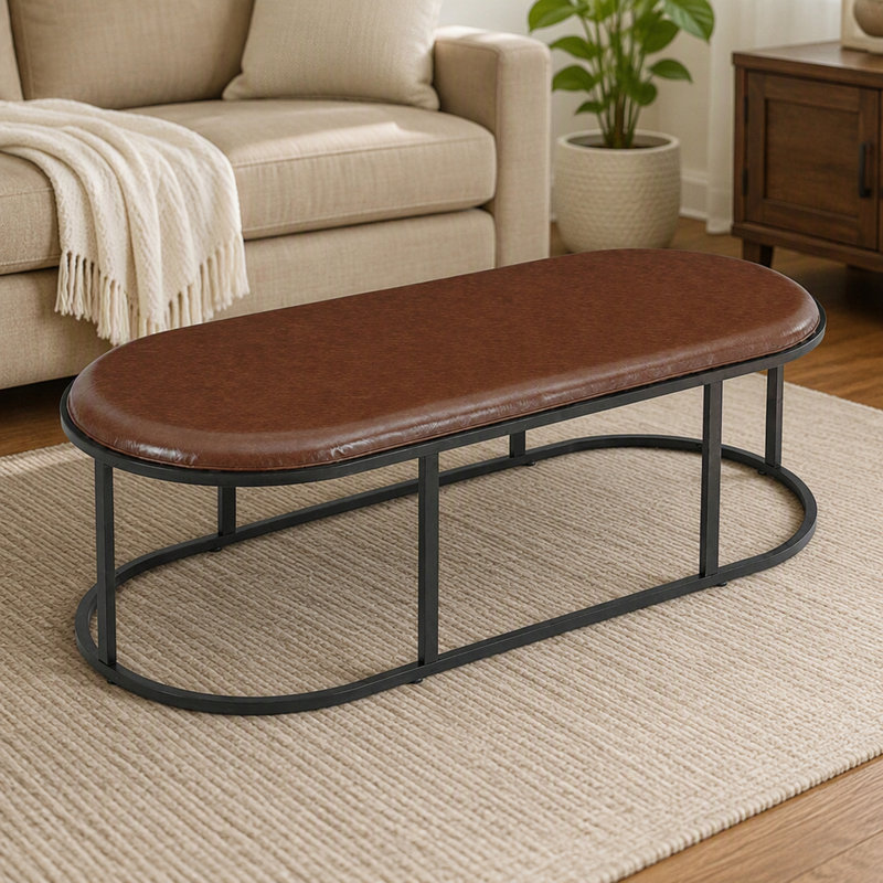 Table basse ovale en similicuir 55,12 po avec base en métal