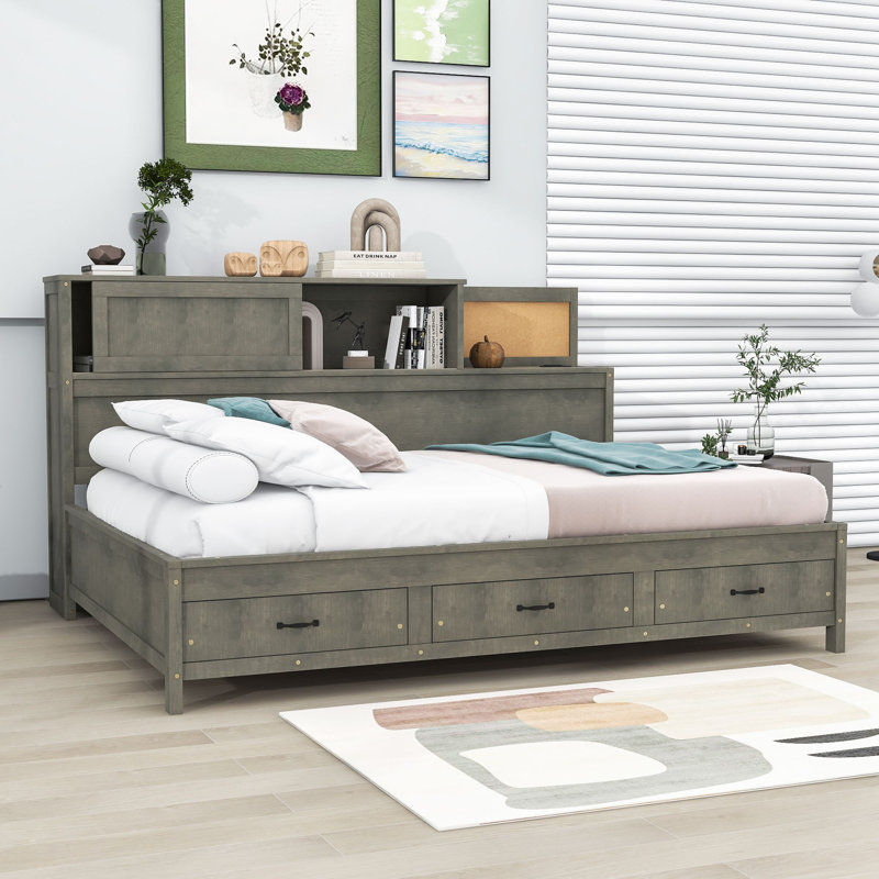 Auddis Wood Daybed with 3 Storage Drawers and Shelves, Gray, Full/Double
