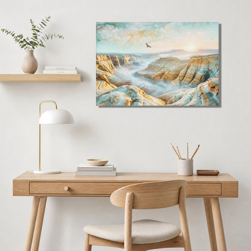 Paysage de canyon turquoise et orange avec oiseau, tableau sur toile, 24"H x 36"W
