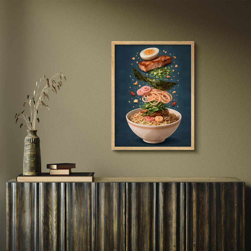 Floating Ramen Ingredients Illustration Framed Wall Art Prints - Modern Kitchen Decor, H 14 po x l 11 po, Naturel
