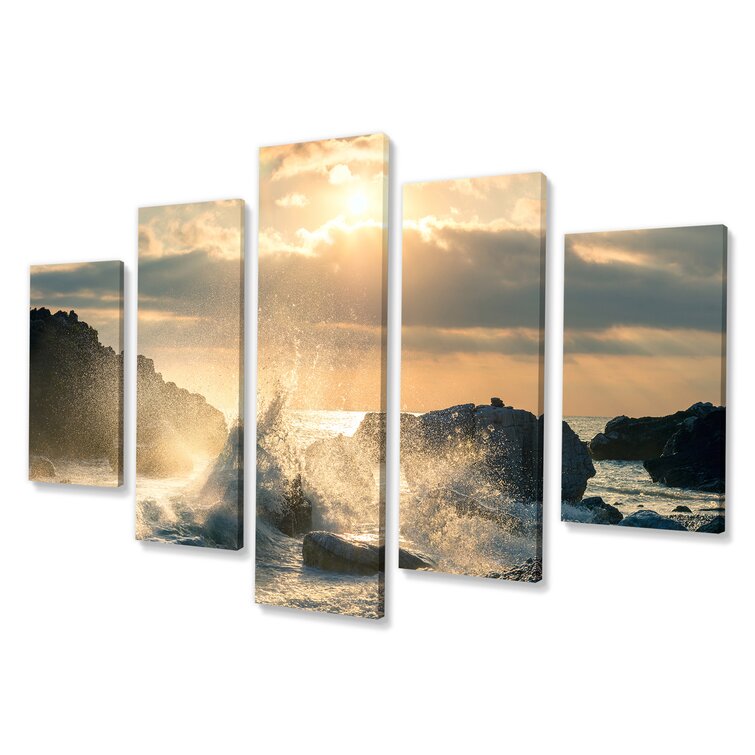 DesignArt Big Wave Hit The Rock At Beach On Canvas 5 Pieces Print | Wayfair